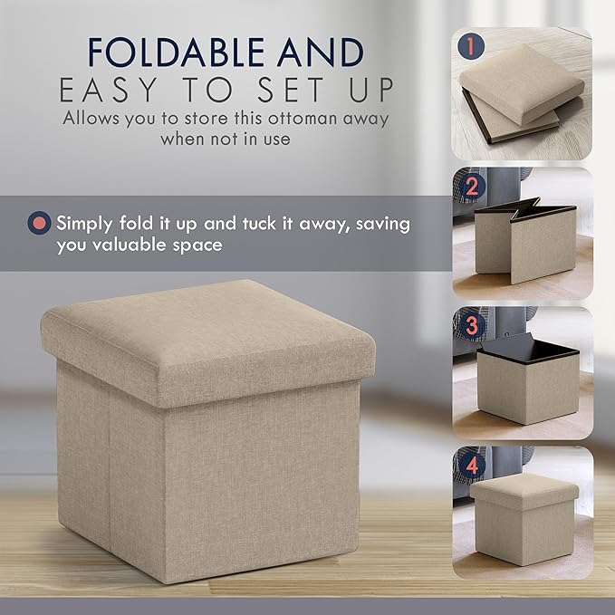 Ornavo Home Small Storage Ottoman Foldable Collapsible Cube Square Linen