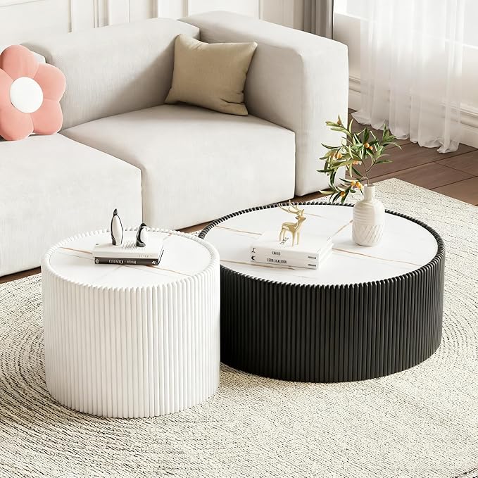 SSLine Round Drum Coffee Table Set of 2 Modern Sintered Stone Top Nesting
