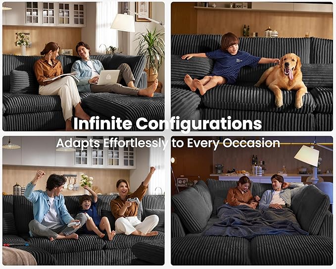 115" Oversized Corduroy Couch Modular Sectional Sofa, Washable Cloud Couch
