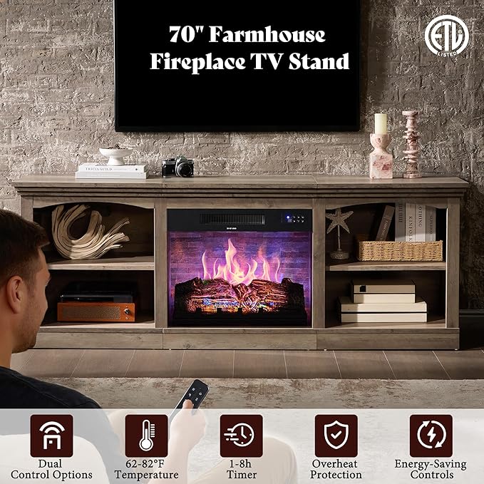 AMERLIFE 70" Farmhouse Fireplace TV Stand
