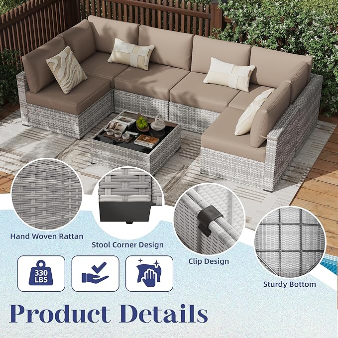KIGOTY 7-Piece Patio Furniture Set, All-Weather PE Rattan Outdoor Sectional Sofa