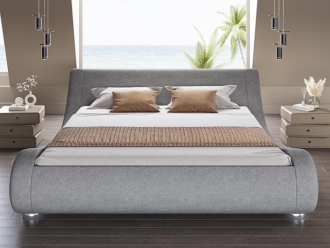 SHA CERLIN Full Size Upholstered Bed Frame, Deluxe Low Profile Sleigh Bed