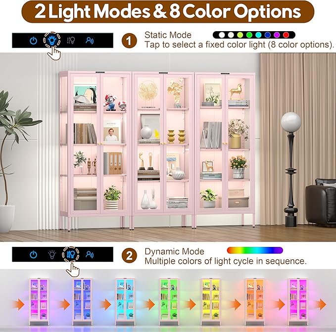 UNICOLY Display Cabinet with Glass Doors, Glass Display Cabinet with 8 Color