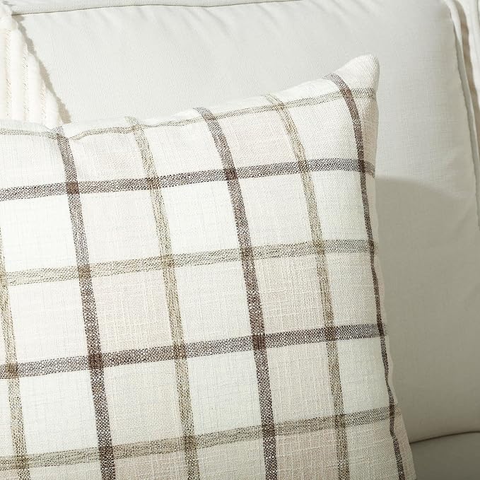Stellhome Fall Linen Buffalo Check Throw Pillow Covers, Autumn Farmhouse Plaid