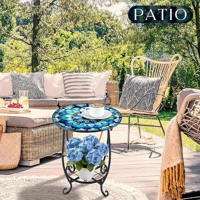 Cinnvoice Outdoor Side Table Round Small Mosaic Patio Accent Indoor End Plant