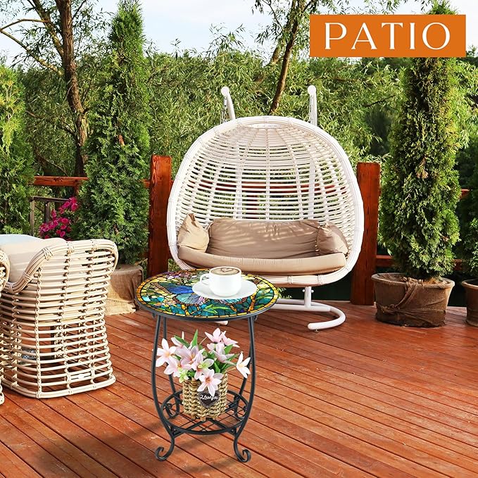 Cinnvoice Outdoor Side Table Round Small Mosaic Patio Accent Indoor End Plant