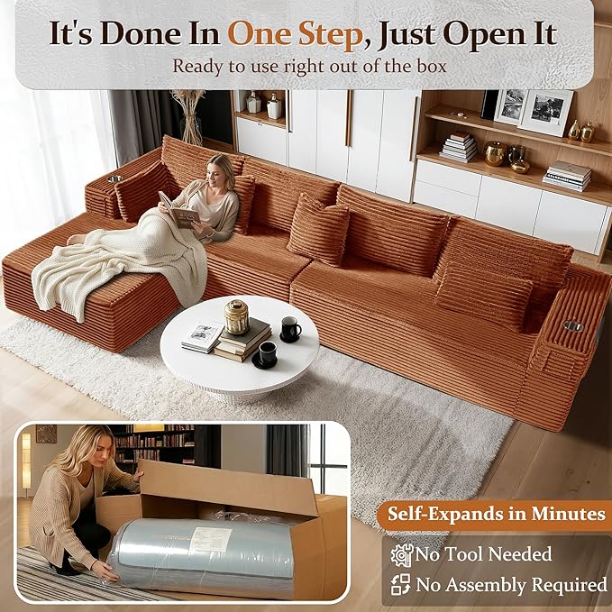 138" Cloud Sectional Couch, Comfort L Shaped Boneless Couch