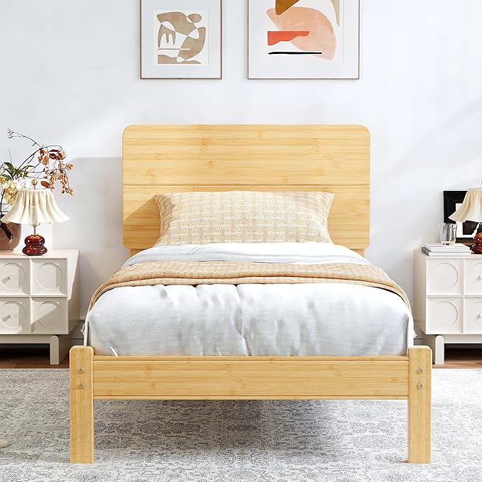BOSRII 12in High Solid Bamboo Wood Platform Twin Size Bed Frame