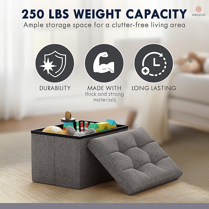 Ornavo Home Small Storage Ottoman, Foldable Collapsible Rectangle Linen Ottoman