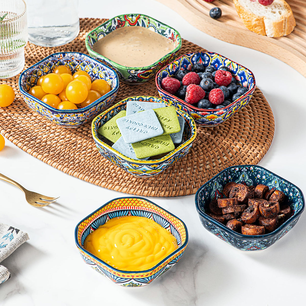 HENXFEN LEAD Boho Dipping Bowls – 8 oz Small Ceramic Snack Bowls, Square Soy Sauce Dish for Dips, Salsa, Side Dishes, Dessert – 4.3 Inch Appetizer Plates Set of 6