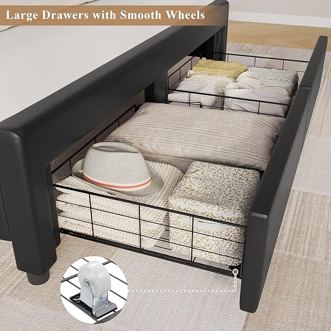 Queen Bed Frame with Drawers, Hidden-Cubby & Shelves Storage Headboard with
