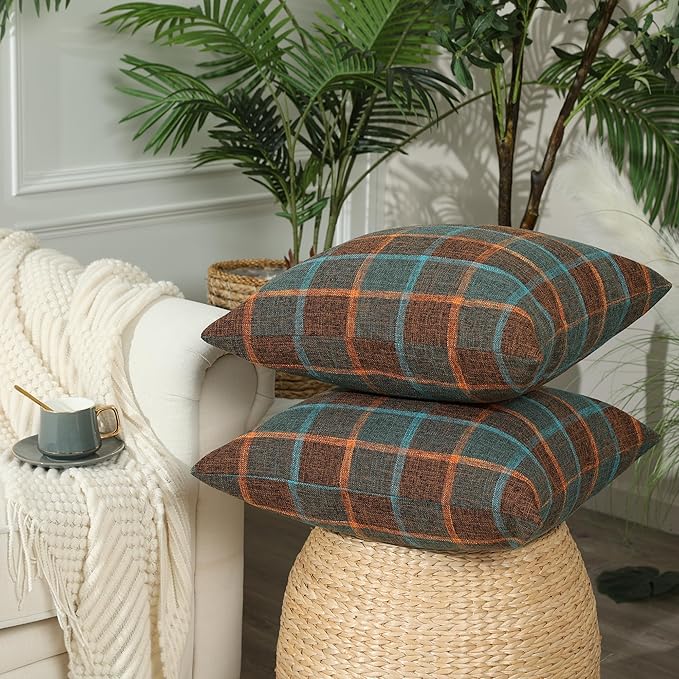 Stellhome Pack of 2 Lumbar Fall Linen Buffalo Check Throw Pillow Covers