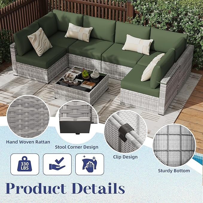 KIGOTY Patio Furniture Set, 7 Pieces Modular Outdoor Sectional Sofa, PE Rattan