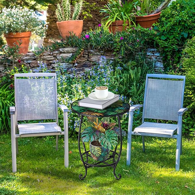 Cinnvoice Outdoor Side Table Round Small Mosaic Patio Accent Indoor End Plant