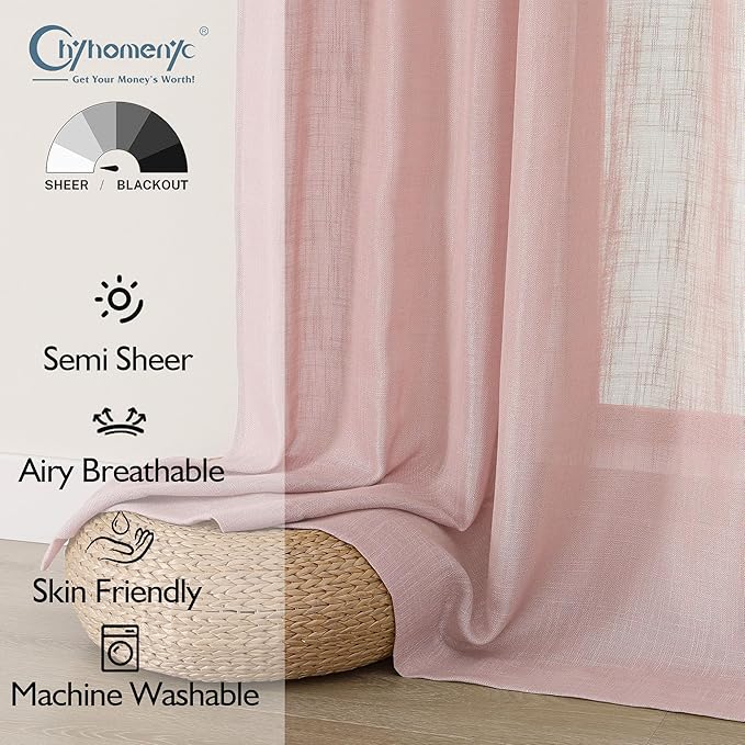 Chyhomenyc Rose Pink Semi Sheer Curtains 36 Inch Length, Light Filtering Faux