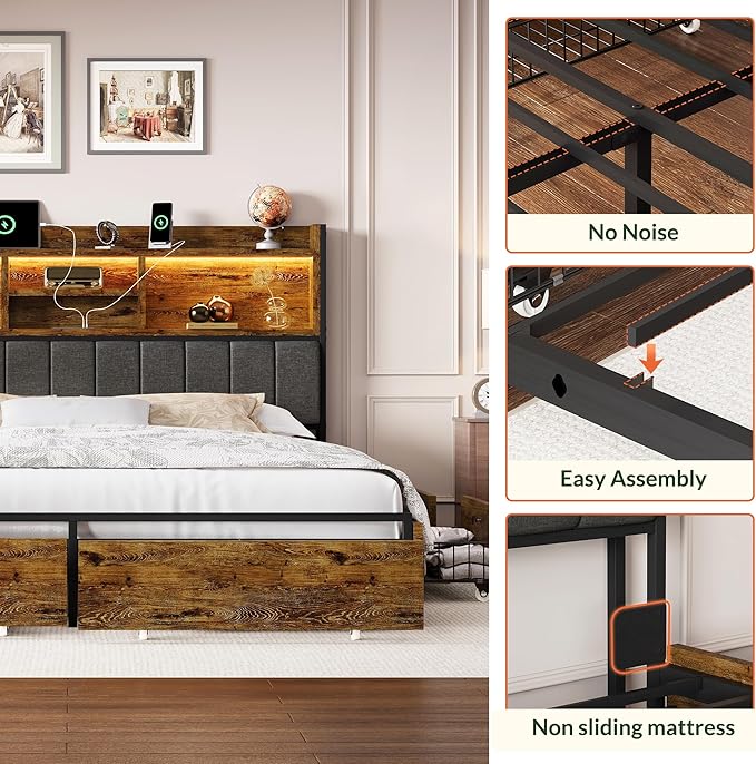 LARMACE Queen Bed Frame with 6 Storage Drawers, Bed Frame Queen Size with Linen