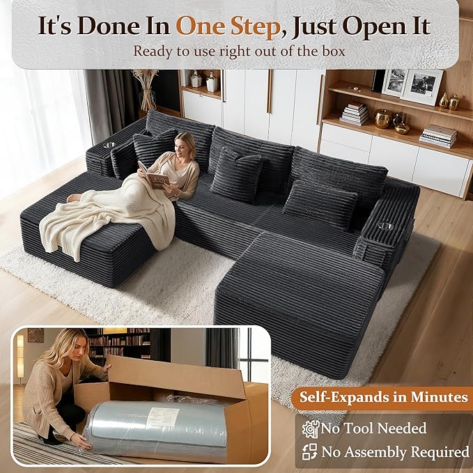 108" Oversized Cloud Sectional Couch, Comfort U Shaped Boneless Couch