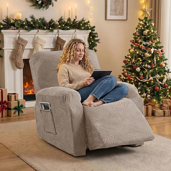 Oversized Recliner Chair Covers, 4-Piece Stretch Geometric Strokes Jacquard