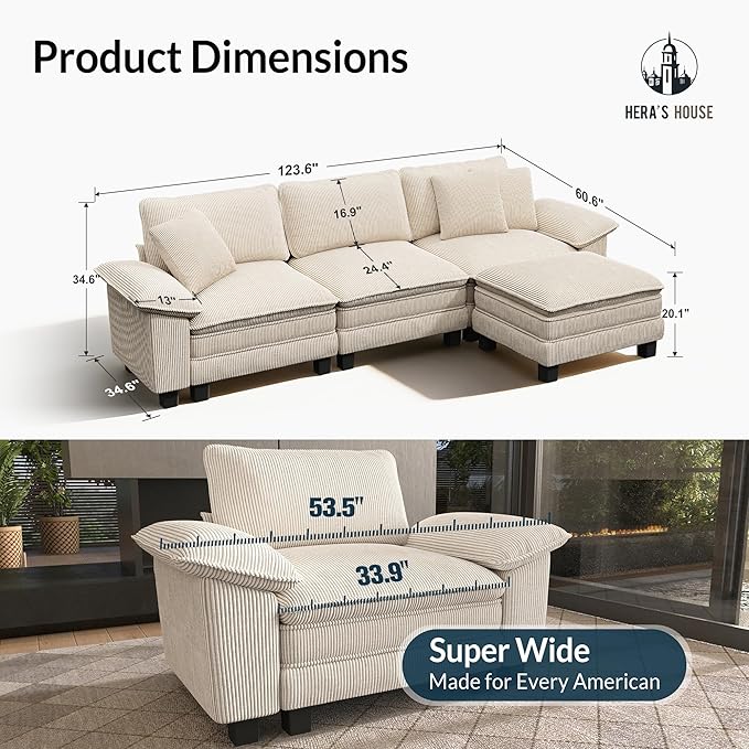 HERA'S HOUSE 124" Modular Sectional Sofa, Oversized L Shaped Couches