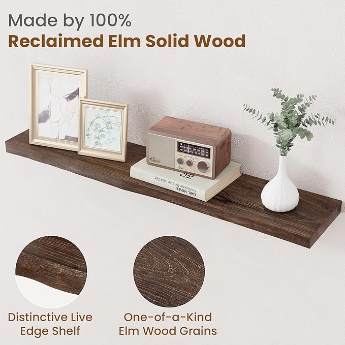 Floating Shelves for Wall Decor, Rustic Solid Elm Wood Live Edge Floating