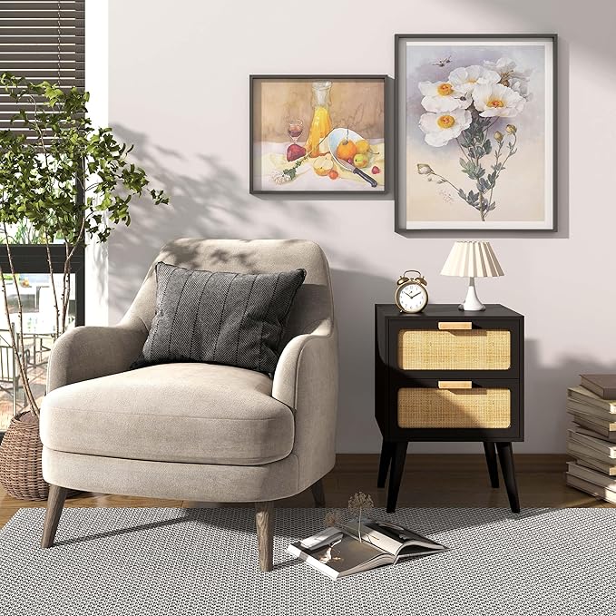 YAUKOMEL Black Nightstand, Wood End Table, Side Table