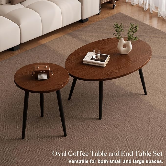 2 Pcs Small Oval Coffee Table, 31.5" Retro Walnut Coffee Tables Nesting Tables