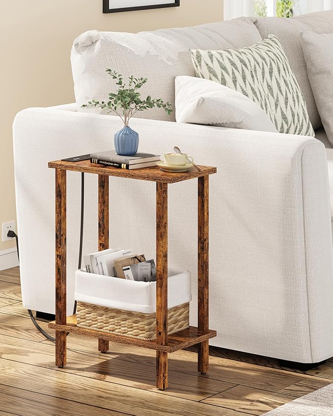TUTOTAK Small End Table with Charging Station, Narrow Side Table with USB Ports