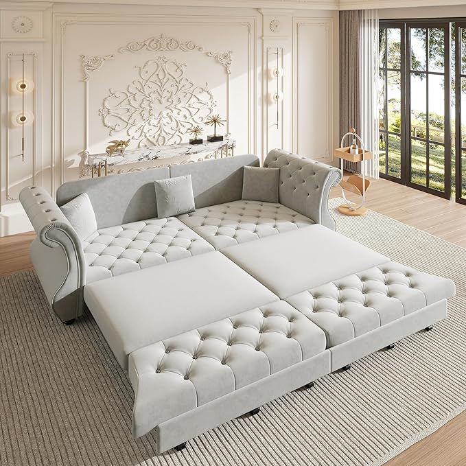 97.6" Oversized Pull Out Sofa Bed, Chesterfield Velvet Sleeper Sofa Couch