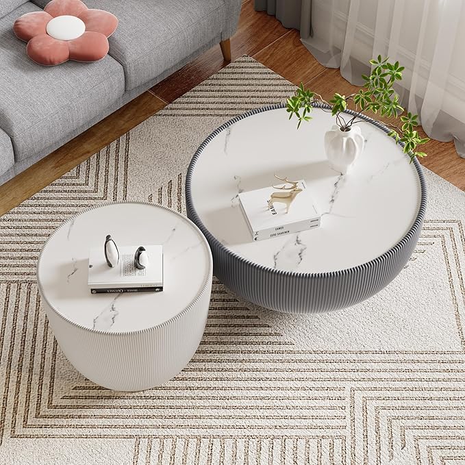 SSLine Bowl-Shape Coffee Table Set of 2 Modern Sintered Stone Top Nesting