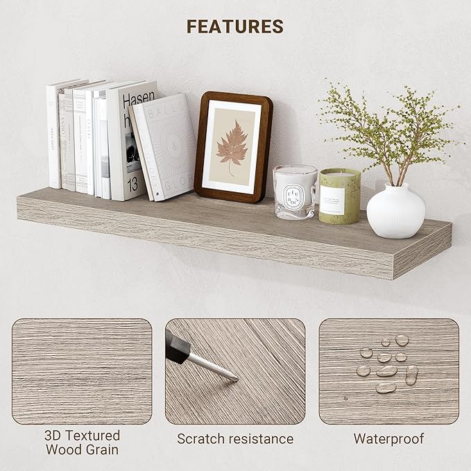 Acovy 48 Inch Floating Shelves, 3D Textured Wood Grain, Wooden Shelves