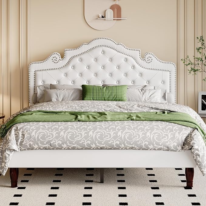 Allewie Queen Bed Frame with Adjustable Velvet Tiara Headboard, Upholstered