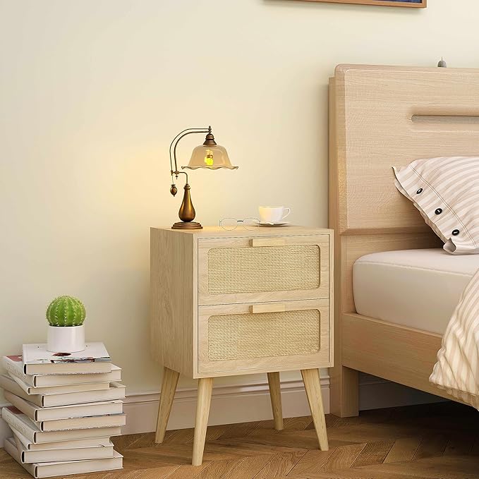YAUKOMEL Rattan Nightstand, Wood End Table, Side Table