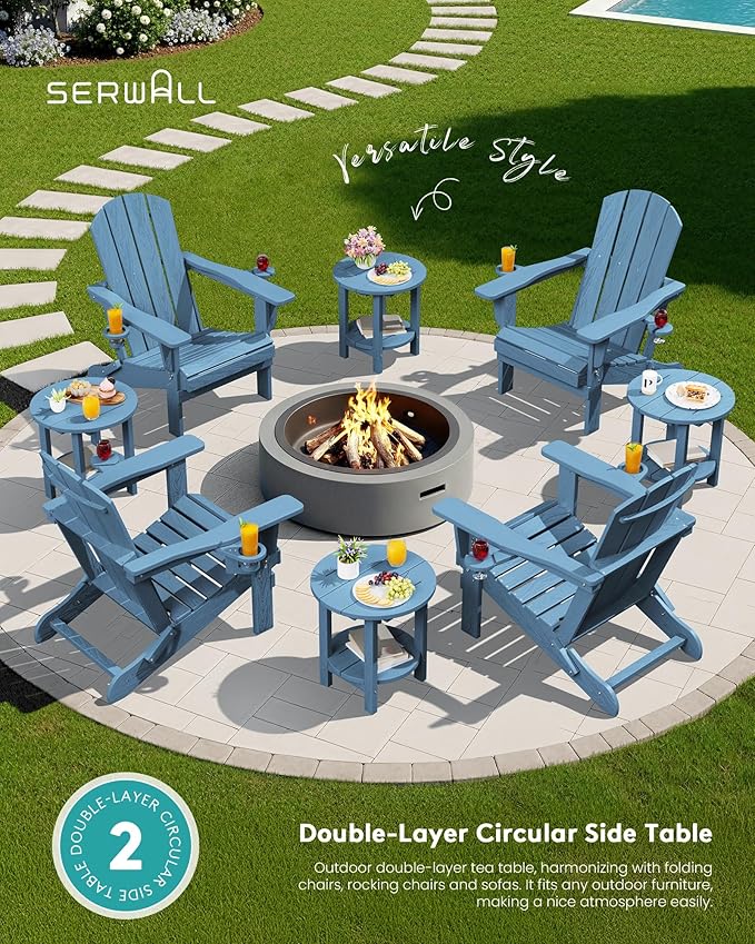 SERWALL Round Outdoor Side Table Set of 2, HDPE Small Adirondack Double End