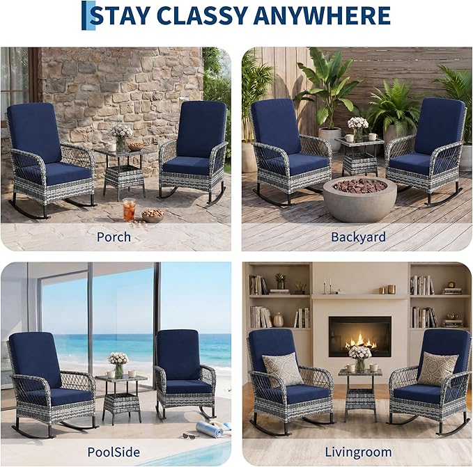 GarveeHome 3-Piece Outdoor Rocking Chair Set, Wicker Rattan Patio Furniture