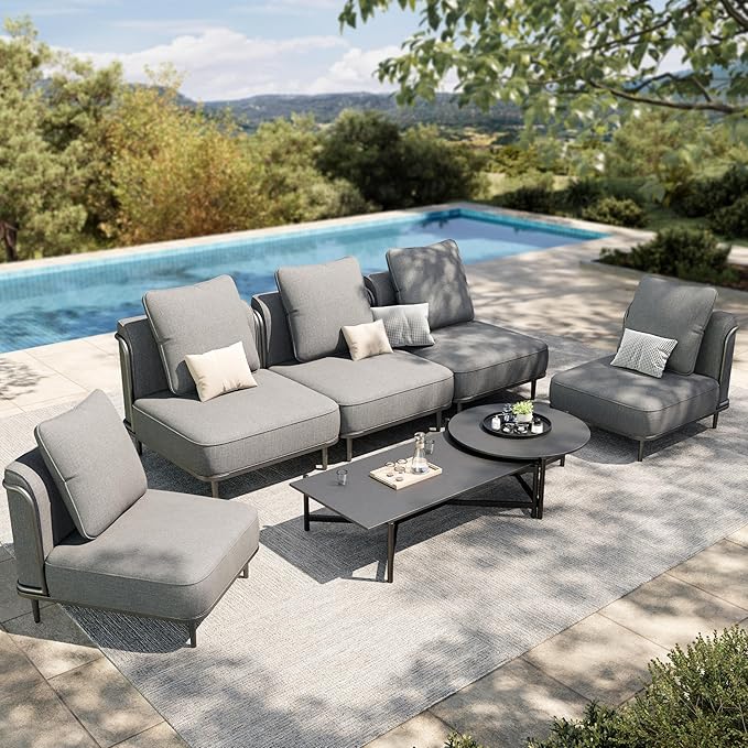 HERA'S HOUSE Metal Patio Furniture Set, Modular 5 Seats and 1 Nesting Coffee