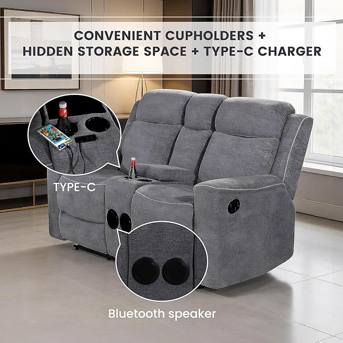 Betsy Furniture Soft Microfiber Manual Reclining Sofa Set, Sofa w/Dropdown Table