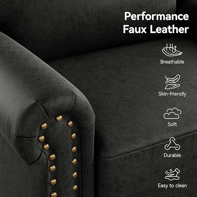 Nailhead Trim Accent Chairs Set of 2, Faux Leahter Mid Century Modern Living