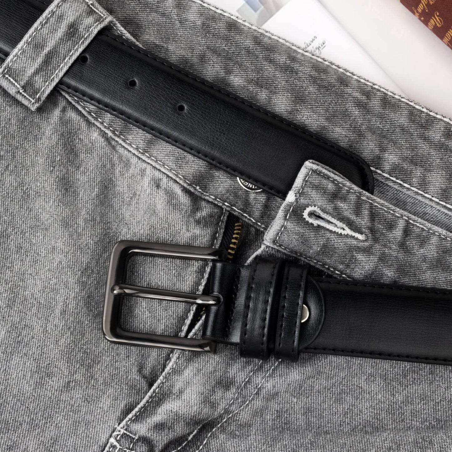 maikun Mens Black Leather Belt, Casual Dress Belts For Men, Classic Design, Black Buckle Length 41''