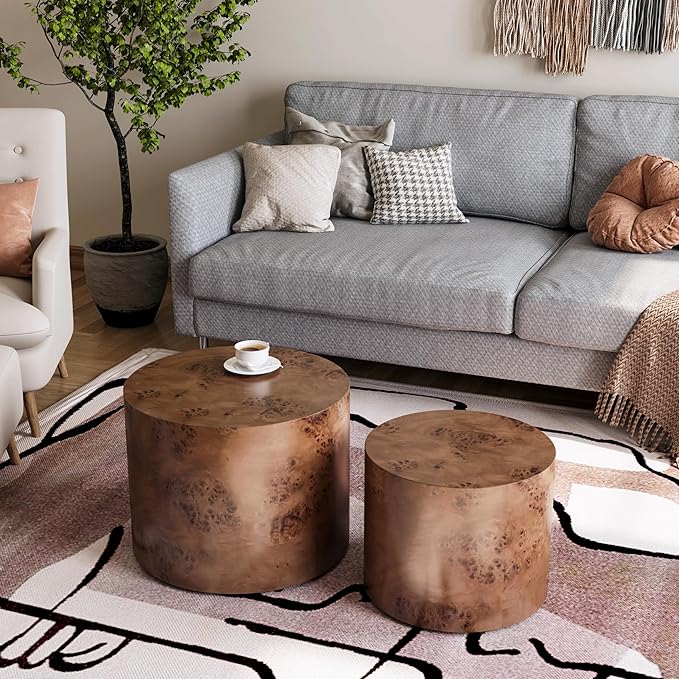 Round Nesting Coffee Table Set of 2, Modern Wooden Circle Burl Accent Tables