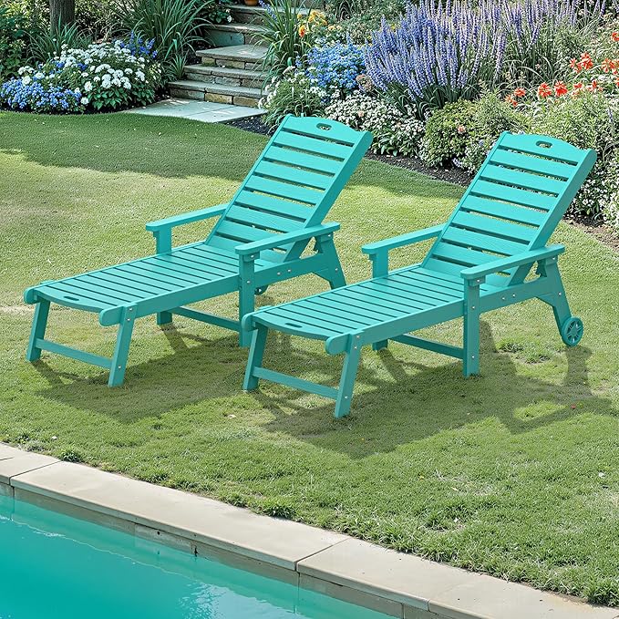LUE BONA Lounge Chair Outdoor Set of 2, HDPS Chaise Lounge Outdoor