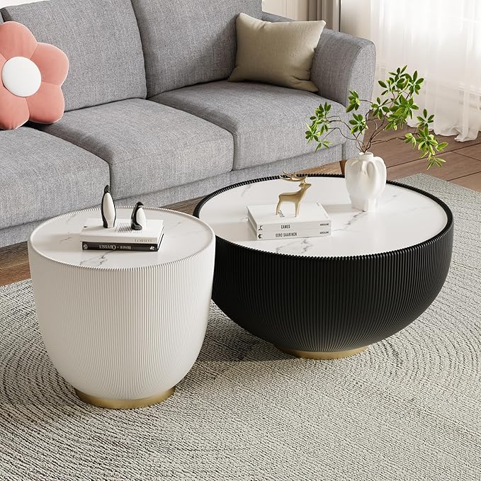 SSLine Bowl-Shape Coffee Table Set of 2 Modern Sintered Stone Top Nesting