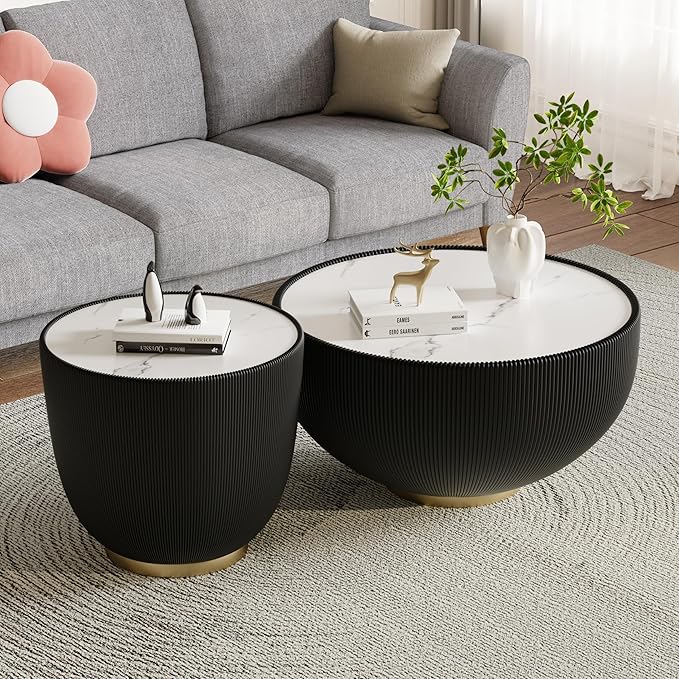 SSLine Bowl-Shape Coffee Table Set of 2 Modern Sintered Stone Top Nesting