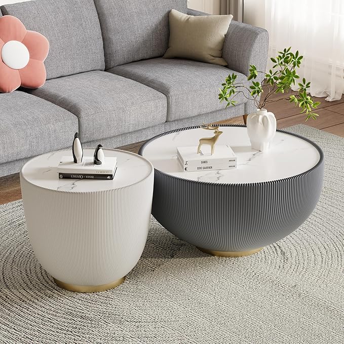 Round Marble Coffee Table Set of 2, 2 Piece White Coffee Table and End Table
