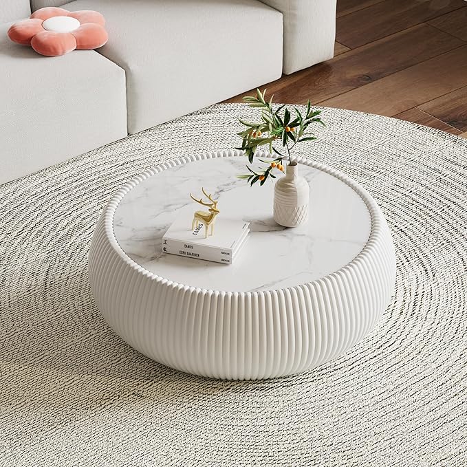 27.55" Round Marble Coffee Table, Modern Drum Coffee Cocktail Center Tables