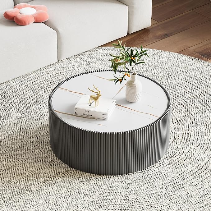 SSLine Round Drum Coffee Table Modern Sintered Stone Top Coffee Table in Grey