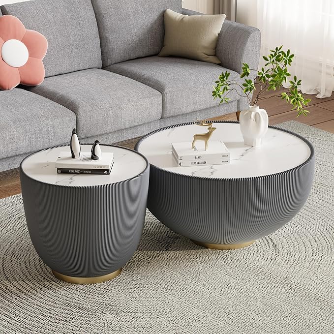 Round Marble Coffee Table Set of 2, 2 Piece White Coffee Table and End Table