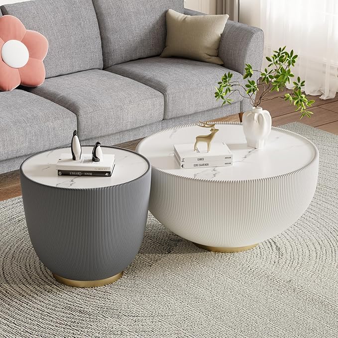 SSLine Bowl-Shape Coffee Table Set of 2 Modern Sintered Stone Top Nesting