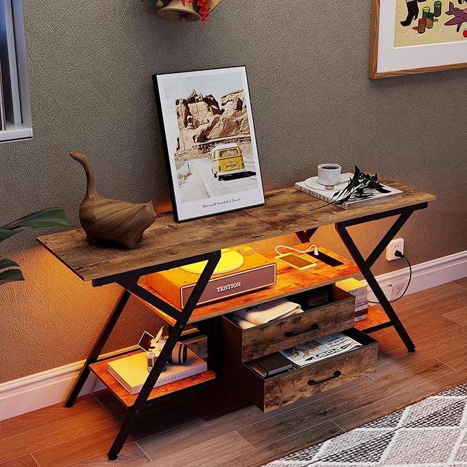 Simoretus TV Stand with Power Outlet and LED Lights, Fits TVs up to 65”