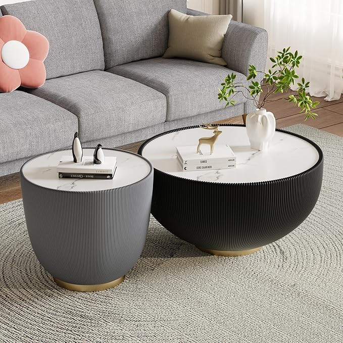 SSLine Bowl-Shape Coffee Table Set of 2 Modern Sintered Stone Top Nesting