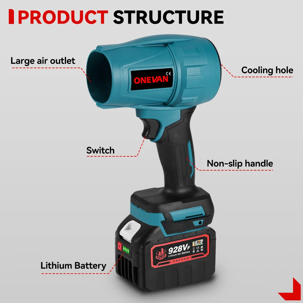 ONEVAN 2000W 200M/S Brushless Electric Turbo Fan Cordless Leaf Air Blowers Jet Fan Snow Dust Blowing Power Tool Fit 18V Battery